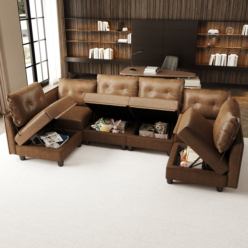Modular Sectional Sofa With Storage, Modern Brown Faux Leather, Reversible Chaise, U Shaped Couch For Living Room, Waterproof & Easy Clean, 6 Seats