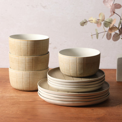 Gibson Elite Butterwick 12 Piece Plates and Bowls Stoneware Dinnerware Set - Brown Blush Pink Reactive Glaze Patterned Dishes - Microwave and Dishwasher Safe