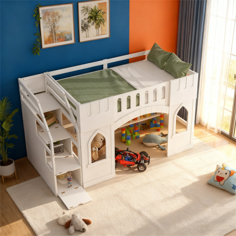 Lit mezzanine simple avec escalier de rangement et fenêtre, Blanc