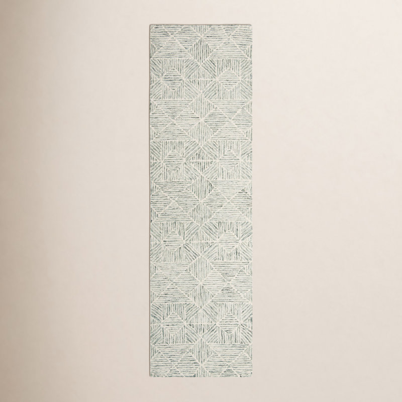 Linsly Geometric Handmade Tufted Wool/Cotton Light Green/Ivory Area Rug, Runner 2'3" x 8'