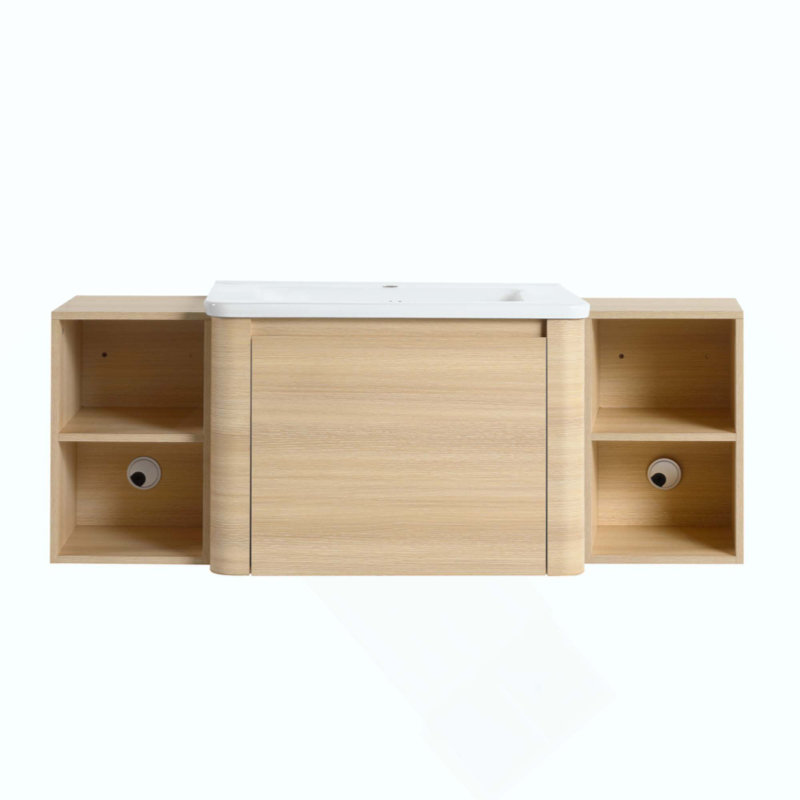 Meuble-lavabo mural avec lavabo en céramique, 2 tablettes de rangement et 1 porte à fermeture en douceur, contreplaqué, 52"