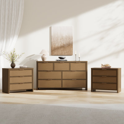 3 Pieces Rattan Bedroom Set, 55" W 7-Drawer Dresser  3-Drawer Nightstands Set of 2 with Curved Design, Modern Chest of Drawers Dresser Set, Boho Wood