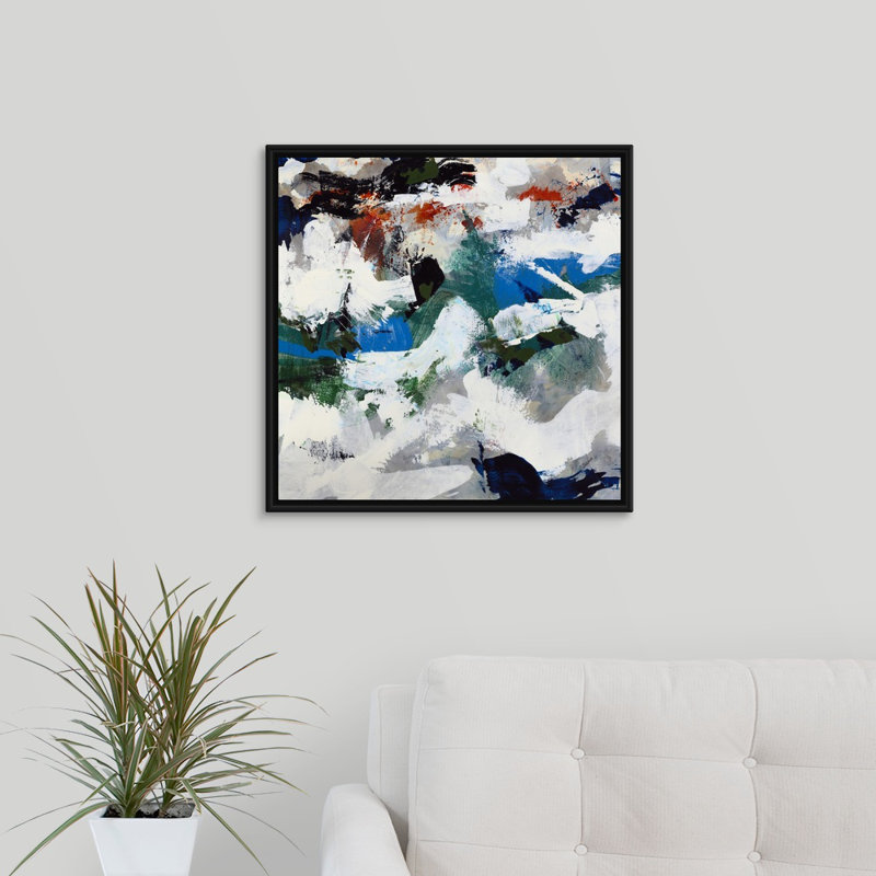 « escape ii », peinture sur toile, H 21,7 po x l 21,7 po x P 1,75 po, Cadre flottant noir