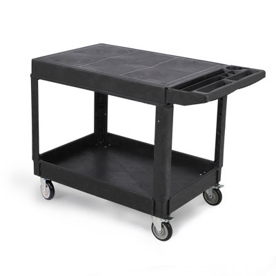 Chariot utilitaire en plastique à 2 étagères, chariot de service roulant avec compartiments latéraux pour outils, chariot de travail mobile robuste avec roues pour entrepôt, garage, bureau et usage commercial