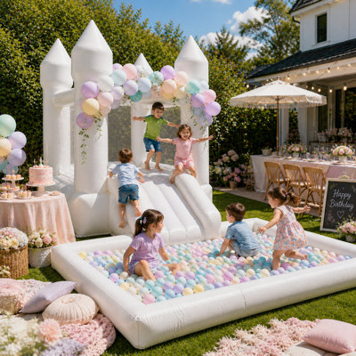 White Bounce House with Slide, Ball Pit & Air Blower for Kids Indoor & Outdoor Summer Party Play