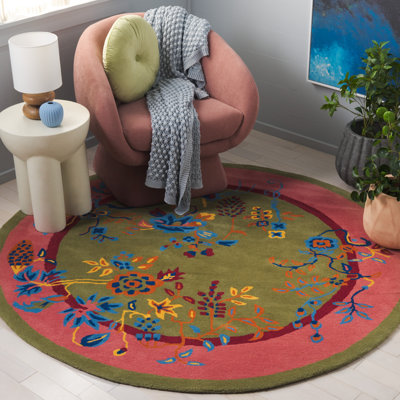 Anticur Hand Tufted Wool/Cotton Floral Rug in Green/Pink