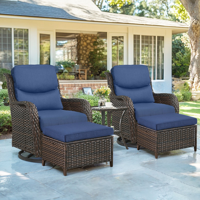 Koba 5-Piece Outdoor Conversation Set – Swivel Rocking Chairs with Ottomans & Side Table, Blue, Brown