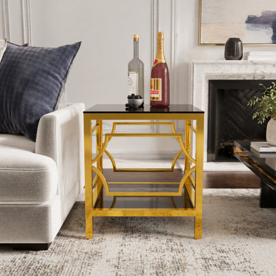 Table d'appoint carrée moderne de 19,7 pouces avec plateau en verre trempé et tablette de rangement, parfaite pour le salon, la chambre à coucher ou les petits espaces
