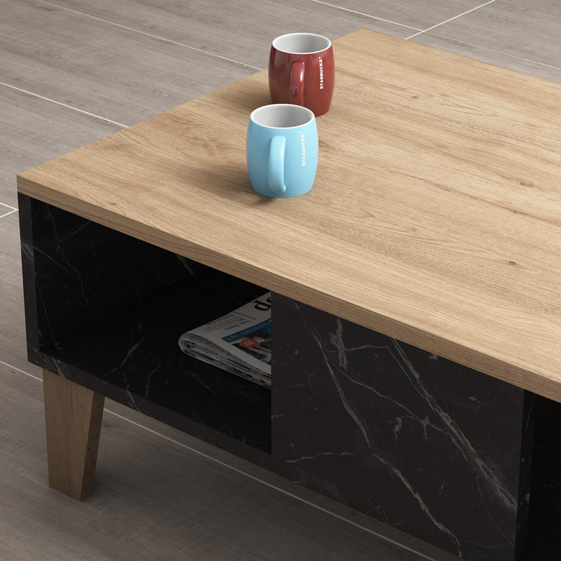 Modern Coffee Table, Oak & Marble Finish, 35.4 x 13.9 x 21.3 inches | 100% Melamine Coated Particle Board, Thickness: 0.7 inches | Stylish & Durable Design for Living Room, Elegant Novelty Concept