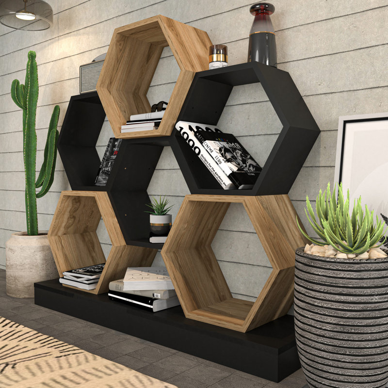 Modern Geometric Bookshelf, Black & Oak, 47.2 x 11.6 x 42.9 inches | 100% Melamine Coated Particle Board, Thickness: 0.7 inches | Stylish Storage Solution for Home or Office, Durable & Elegant Design