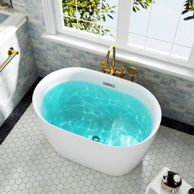 Baignoire autoportante ovale CASAINC de 87 cm (34,25 po) en acrylique blanc, avec siège intégré, bonde centrale et trop-plein.