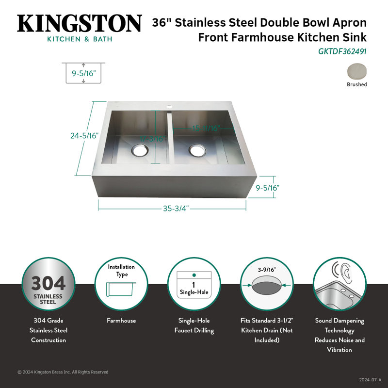 Kingston Brass Edinburg 36-Inch Stainless Steel Apron-Front Double Bowl Farmhouse Kitchen Sink, 1 hole