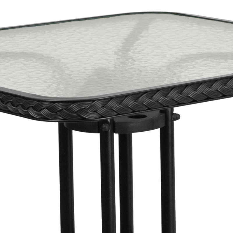 Table carrée en métal trempé 28 po avec bordure en rotin, Noir