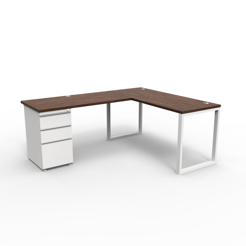 The City, Modern L-Shaped Office Desk for Office and Home, Walnut Block Top with White Frame, Walnut Block/White