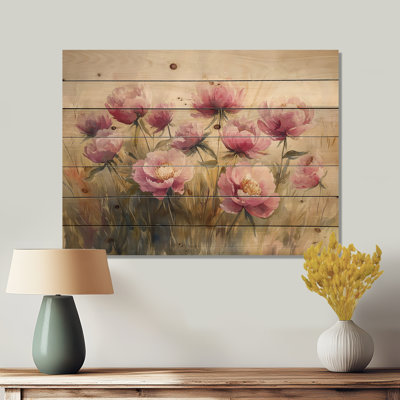 Pivoines dans le champ balayé par le vent III - Impression sur bois de pivoines - sur bois de pin naturel