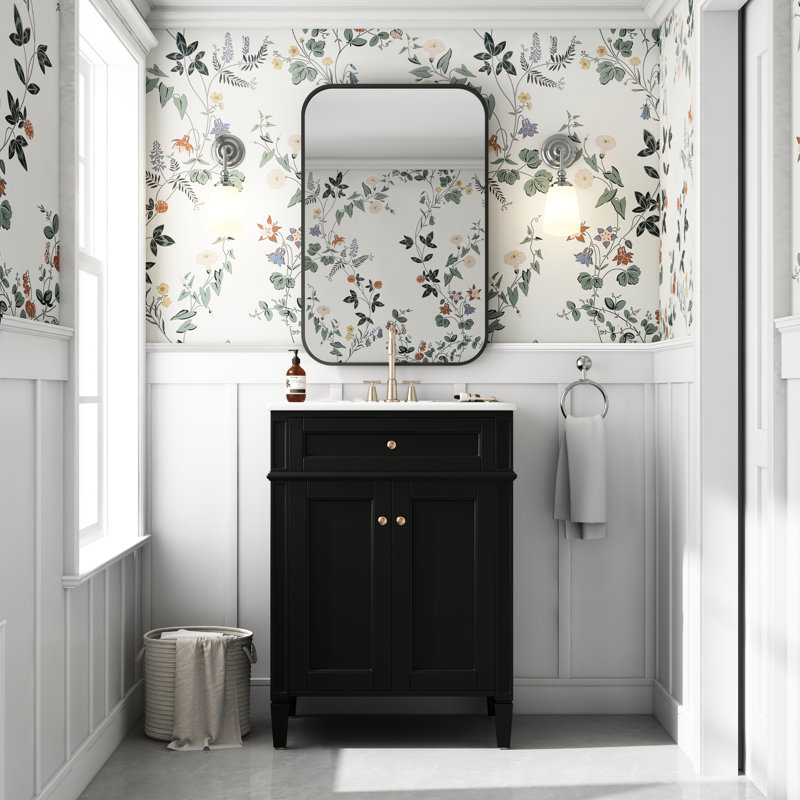 Meuble-lavabo 24 po avec 2 portes, tiroir basculant et lavabo modernisé, pieds, organisateurs de rangement intelligents, esthétique intemporelle, conception des pieds, rangement