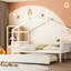 Lit double en bois pleine grandeur, lit gigogne simple, finition blanche, bois de pin de haute qualité, toit suspendu pour espace imaginatif, 2 têtes de lit, bon lit avec cadre escamotable, têtes de lit profilées et confortables, superbe