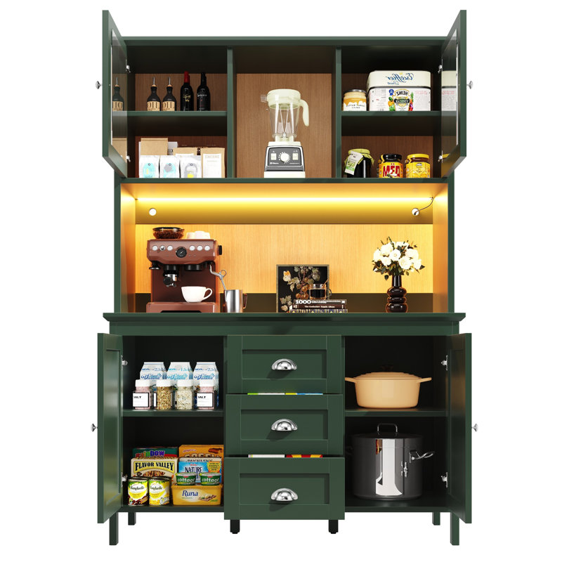120×40×179cm Black/Green Tall Sideboard with USB App-Controlled LED, 4 Doors & 3 Drawers, Multi-purpose Storage Cabinet for Kitchen & Living Room