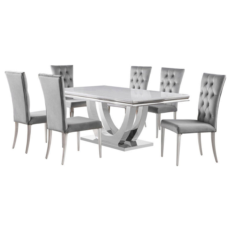 Ensemble de table de salle à manger 7 pièces Kerwin, 7 pièces : table, 6 chaises, Gris/argent