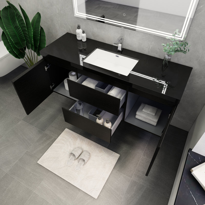 Castin 60" Wall-Mounted Single Bathroom Vanity Set, Rich Matt Black