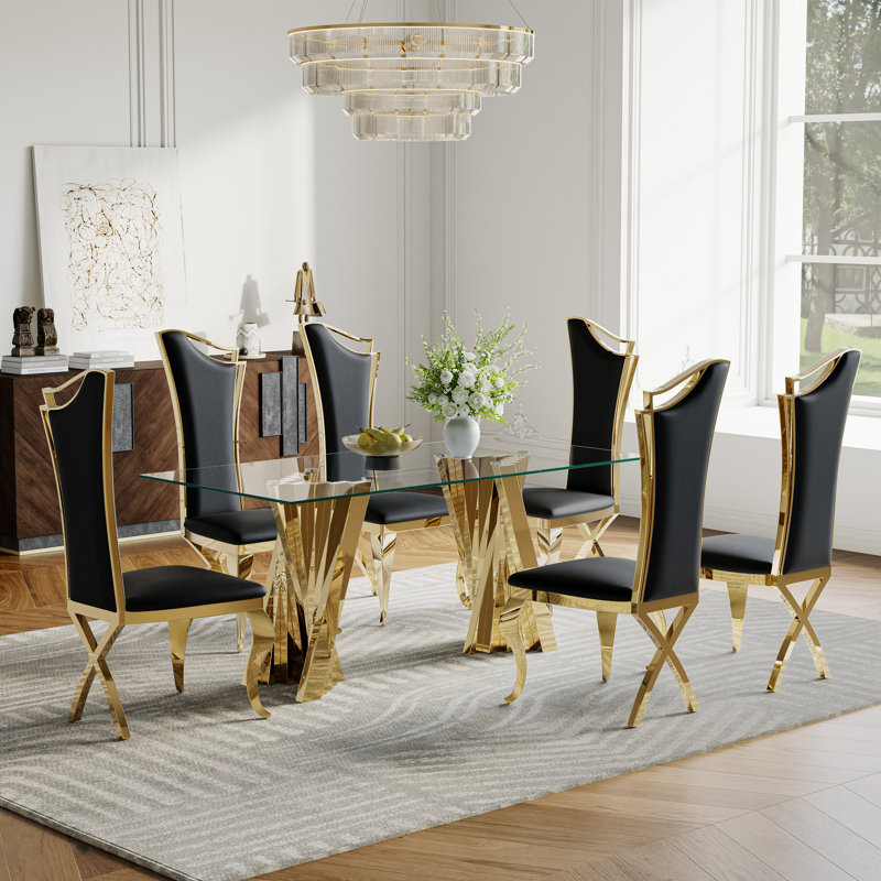 Ensemble repas, Doré, Noir et or, 7 pièces : table, 6 chaises