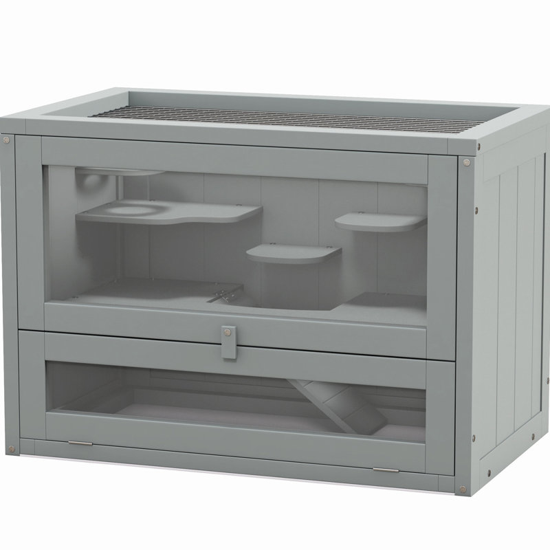 Small Animal Cage In Gray. 2-level Hamster Habitat With Openable Top & Front Door. Made Of Fir Wood. Shelf And . For Hamsters, Mice, , Chinchillas, Guinea Pigs. Spacious Well-ventilated. Easy To