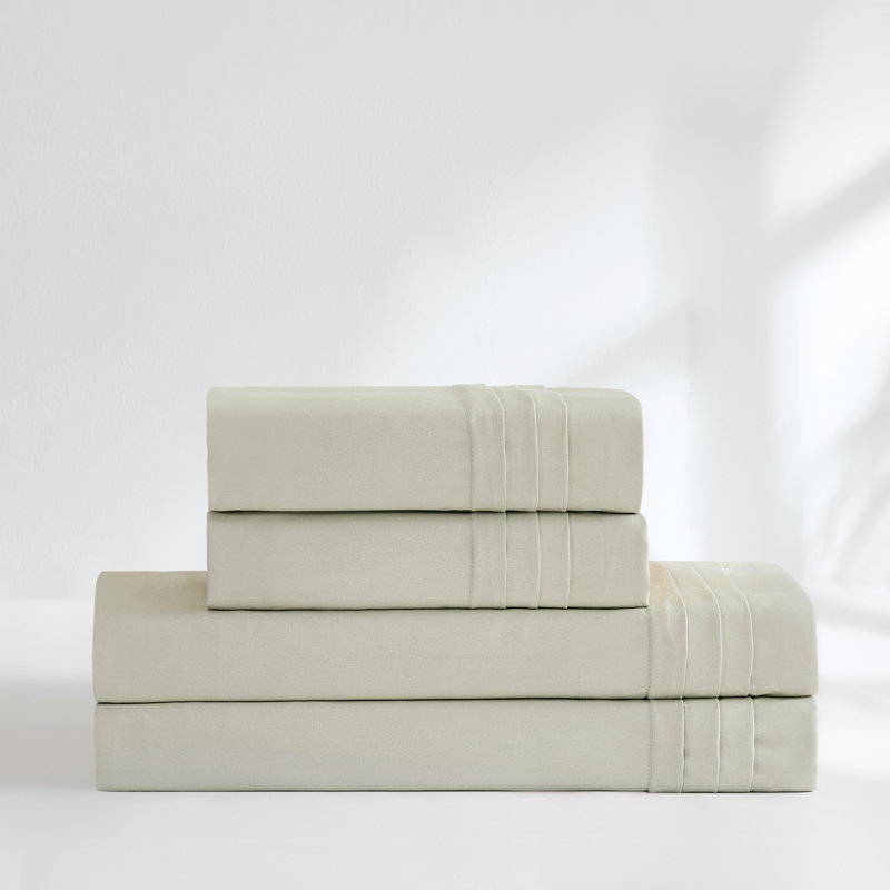Pleat Cotton Sheets Green 4 Piece Set Queen, Queen Sheet Set, Green