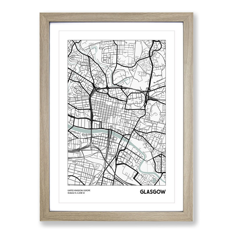 Map Glasgow UK - Picture Frame Graphic Art, Oak Framed, 65cm H x 48cm W x 2cm D