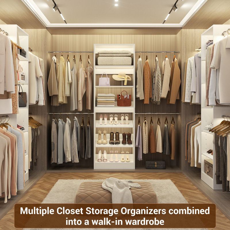 4-8Ft Wood Closet Organizer with Tower and 4 Extendable Hanging Rods, White
