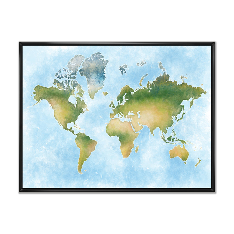 Carte du monde en vert et bleu - Cadre photo, impression sur toile, H 12 po x l 20 po x P 1,5 po, Cadre flottant noir
