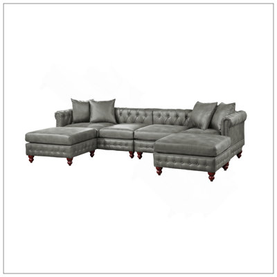 Slate Gray Breathable Leatherette 4Pc Sectional Set 2X Reversible Loveseat / Chaise And 2X Ottomans Tufted Couch Pillows