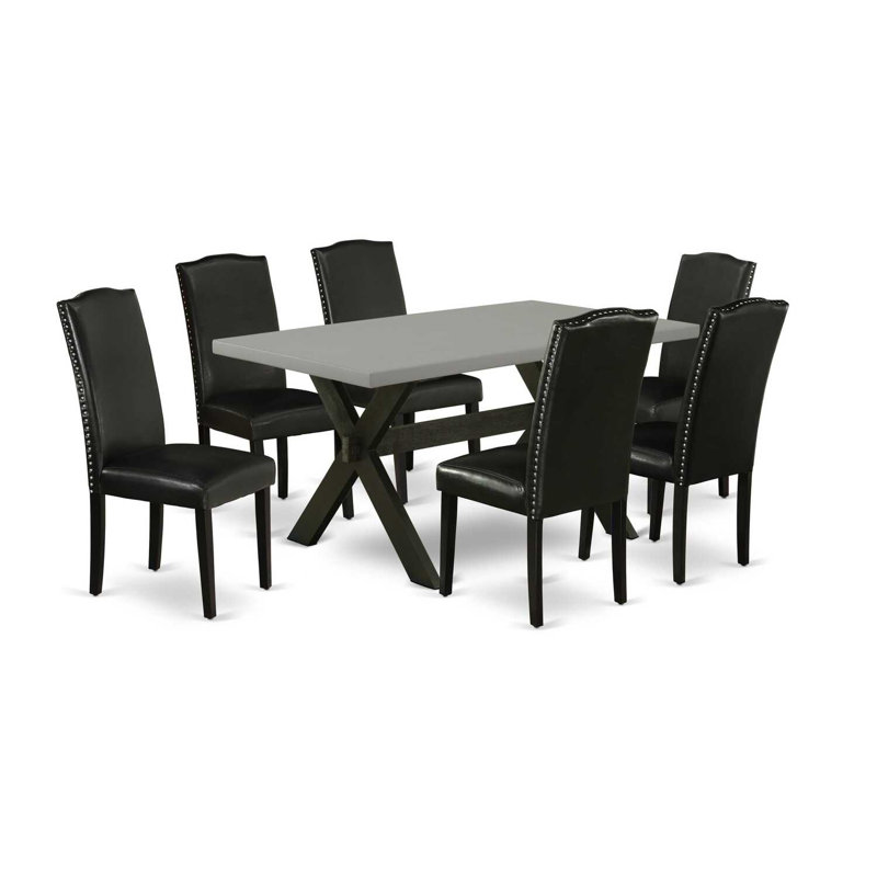 Ensemble de table de salle à manger 5 pièces comprenant une table de salle à manger rectangulaire avec pieds en X et 4 chaises Parsons en similicuir noir, noir brossé