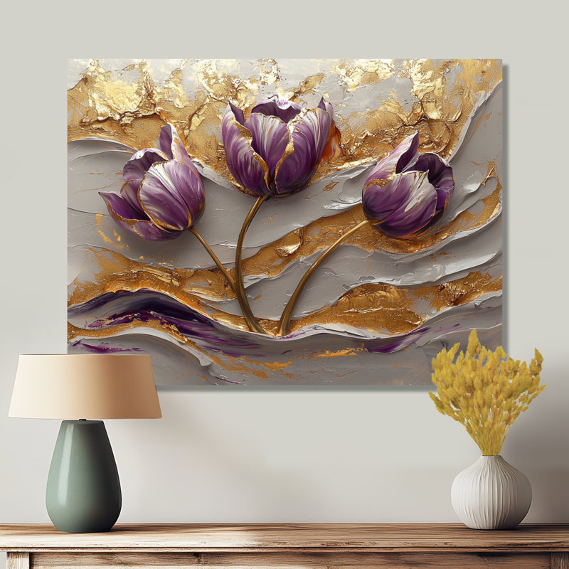 Champ de tulipes marbrées sur une rivière crème I - impression de tulipes sur métal, H 34 po x l 44 po