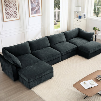 4 - Seat With U Shape Design, 2 Movable Ottomans, And Storage Pull Out Drawers Under Seats, Chenille Gray Couch Crescent Shaped Line, Wrapped , Piped Cushion Edges, Hidden In Footrest, Suitable For