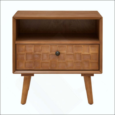 Table de chevet Mid-Century moderne en bois avec façade sculptée géométrique, 1 tiroir et tablette ouverte, pieds en bois massif, table de chevet pour la chambre à coucher