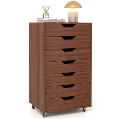  7-Drawer Wooden Storage Dresser with Lockable Casters, Compact Bedroom or Office Organizer, Walnut