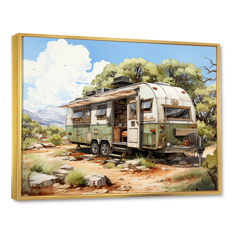 «Camping Van Scenery - Camping Travel», reproduction d'art mural, Cadre flottant noir, H 34 po x l 44 po x P 1,5 po