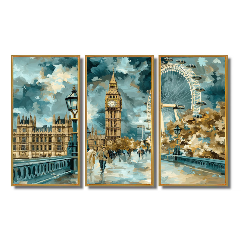 Big Ben et la grande roue de Londres II - Royaume-Uni, ensemble d'art mural, H 40 po x l 60 po, Doré