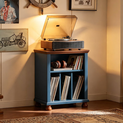 Record Player Stand With Vinyl Record Storage, 24-Inch Wide Mid-Century Turntable Table, Large Wood Cabinet Holds Up To 200 Albums, Display Shelf For Living Room Bedroom, Blue