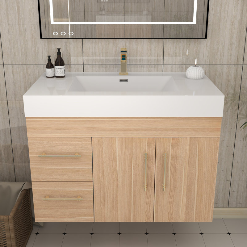 Ensemble de meuble-lavabo simple mural 35,4 ", Chêne champagne