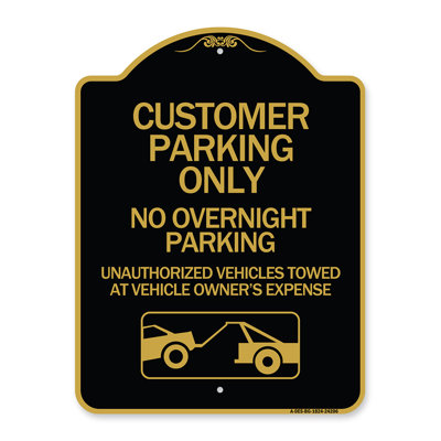 Enseigne Signmission Designer Series - Stationnement du client seulement, pas de stationnement de nuit, véhicules non autorisés remorqués aux frais du propriétaire avec graphique | Enseigne architecturale noire et dorée 18 po x 24 po