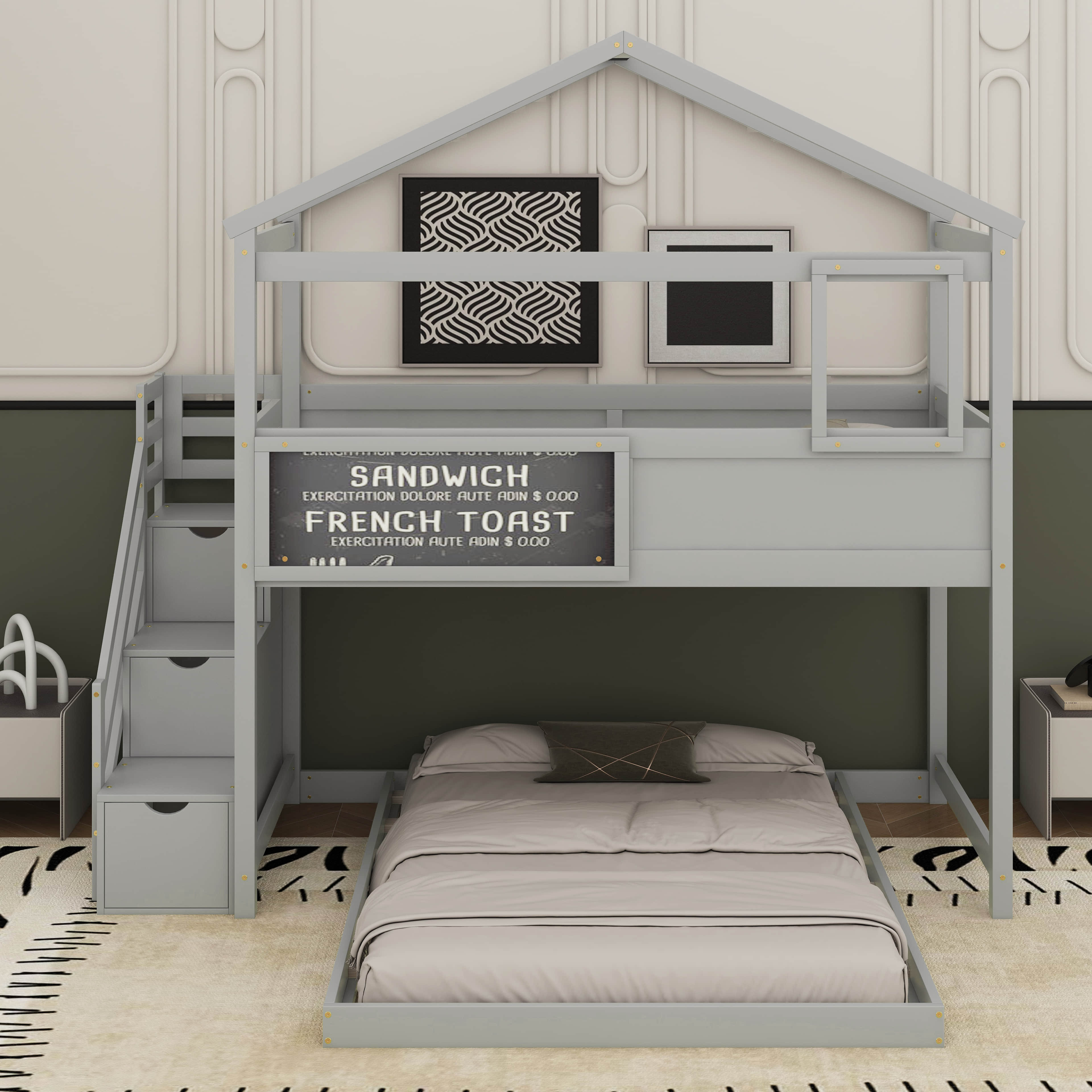 Harper Orchard Twin Over Full House Bunk Bed With Blackboard And ...