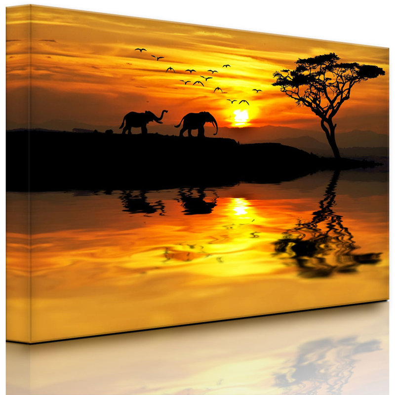Elephants In African Steppe by No - Wrapped Canvas Print, 40cm H x 60cm W x 4.5cm D, With lighting