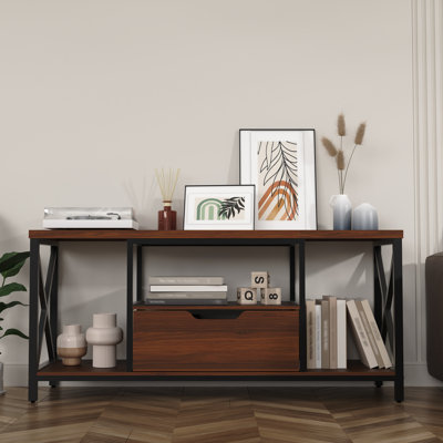 Meuble télé avec tiroir pour téléviseur de 60 po ou moins, console de télévision industrielle avec tablettes de rangement ouvertes, centre de divertissement moderne pour le salon, brun