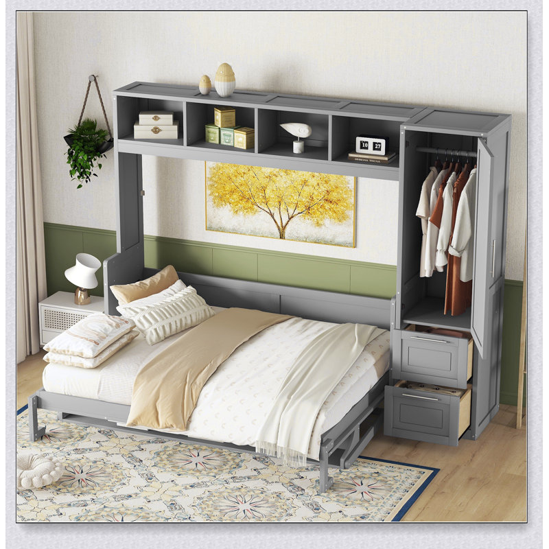 Lit escamotable Murphy avec placard et tiroirs, Gris, Queen