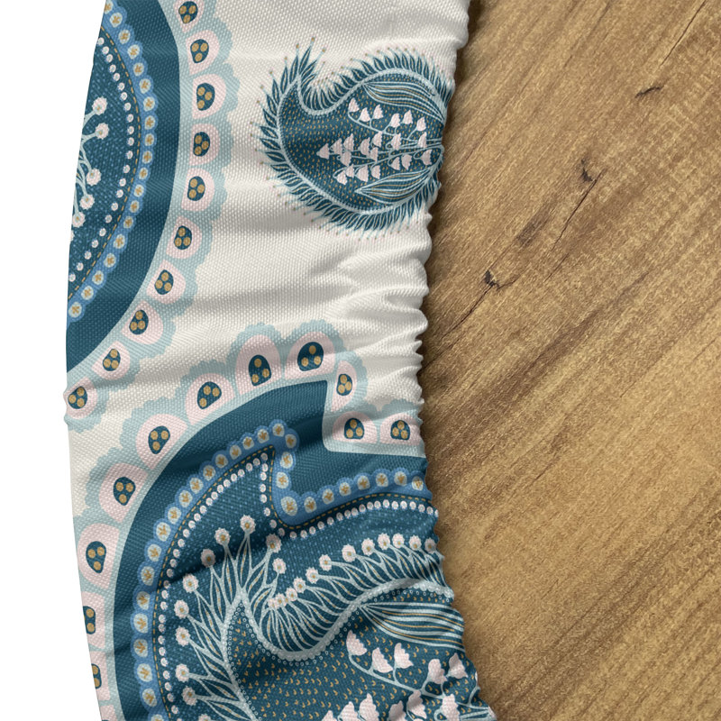 East Urban Home Oriental Fitted Round Tablecloth Dark Teal Ivory, 64.17" Round