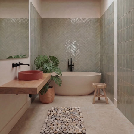 Serene spa bathroom featuring green herringbone tile walls, a white freestanding soaking tub, lush monstera plant, coral-colored sink, and a natural wooden stool