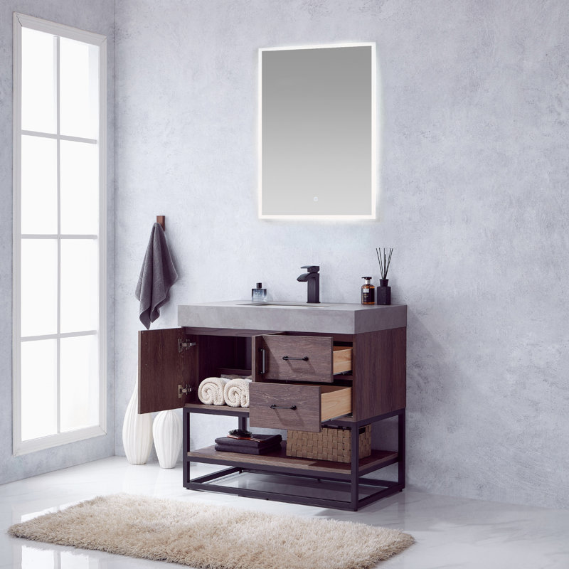Ensemble de meuble-lavabo simple 36 po avec miroir Alistair, Noir mat, Chêne nord-américain, Blanc