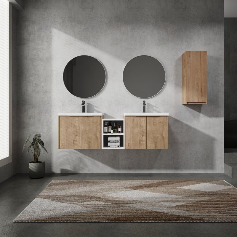 Meuble-lavabo mural contemporain avec lavabo et armoire latérale, solution de rangement compacte et élégante