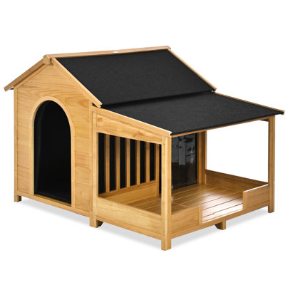 Insulated Outdoor Dog House For Medium & Large Breeds, 60.2" Size, Waterproof With Porch And Asphalt Roof, Raised Flooring, Natural Pine Wood Liner Pets, Waterproof, Elevated Color